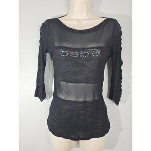 BEBE Black Mesh Sheer Crystal Embellished Logo Ruched Sleeve Top sz XS EUC Y2K